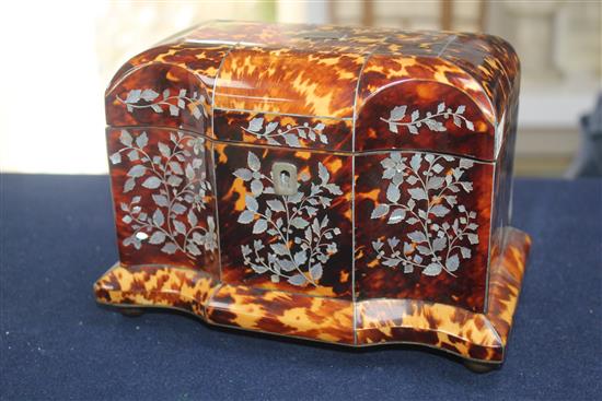 A 19th century tortoiseshell two division tea caddy, 7.75in.